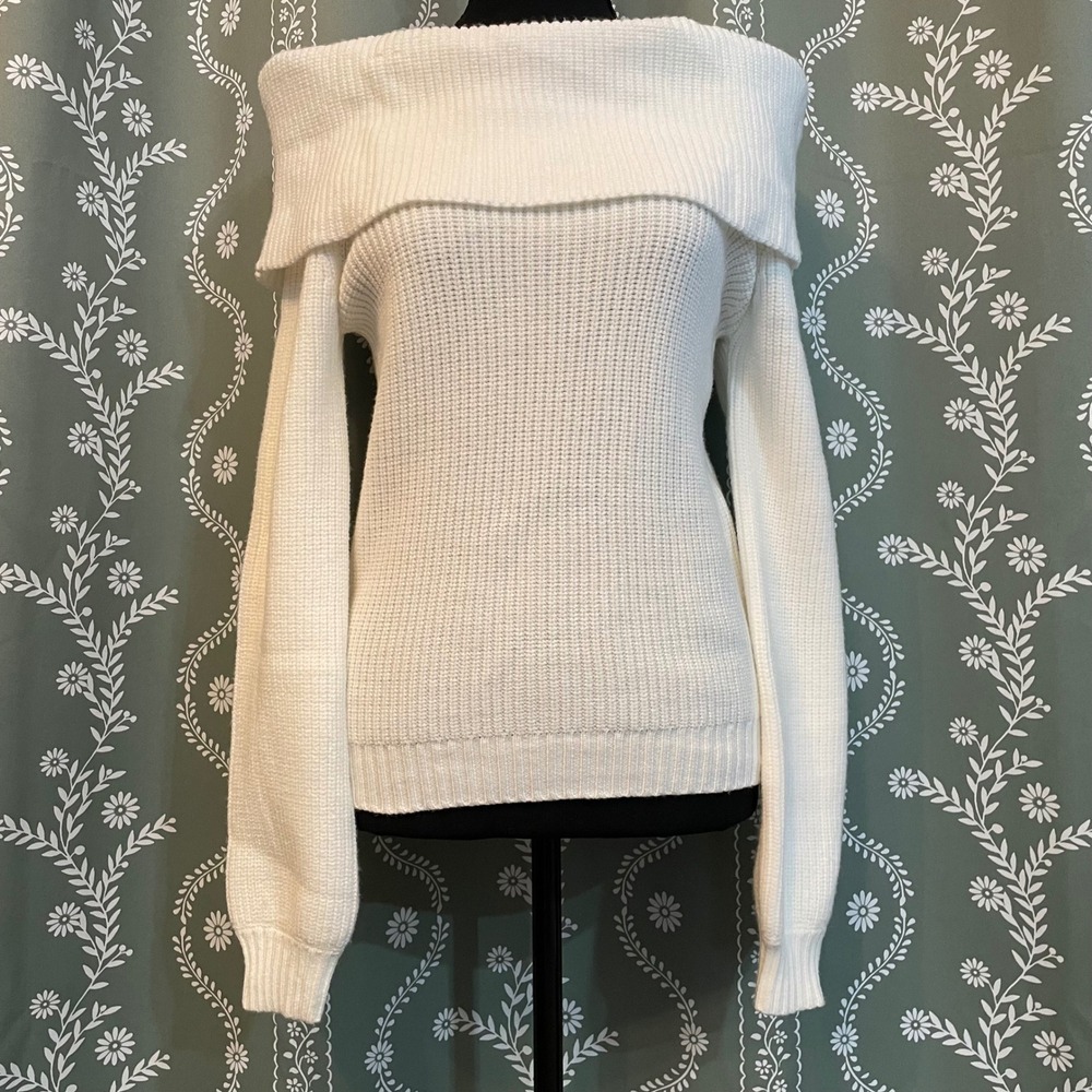 NEW Sincerely Jules Foldover‎ Off Shoulder Knit Sweater White Large Minimal Chic